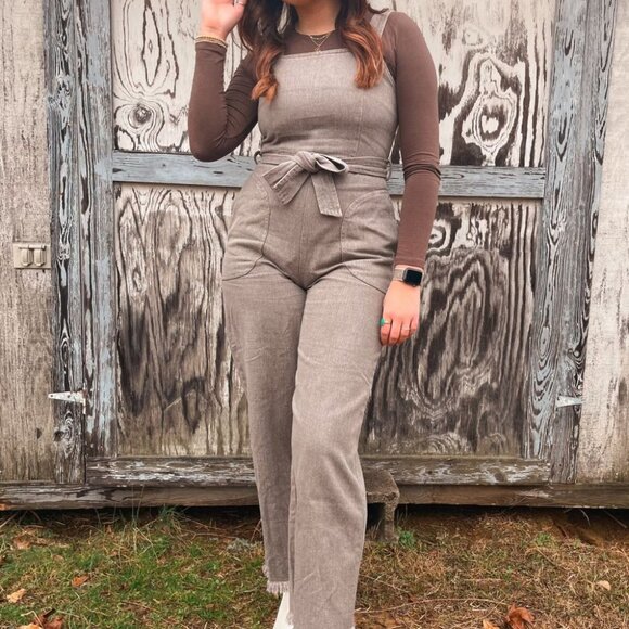 Women\'s Cotton Denim Overalls | Belted Jumpsuit | Charcoal Brown main image 7